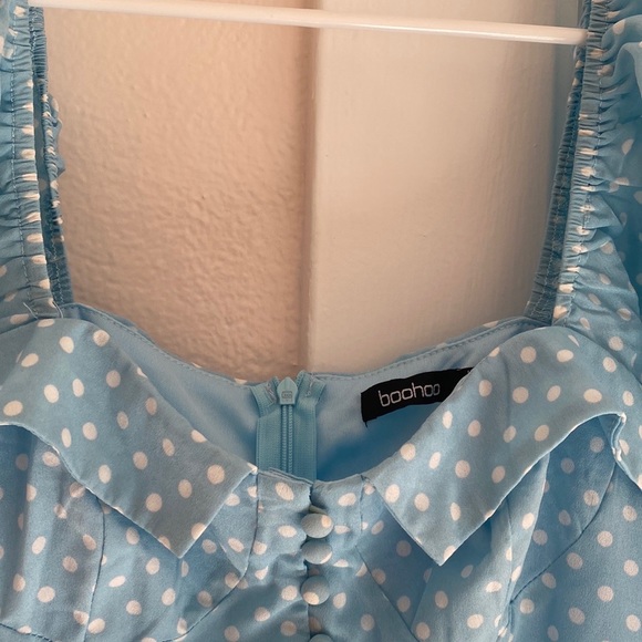 BOOHOO PUFF SLEEVE BUSTIER RUFFLE HEM POLKA DOT MIDI dress - Picture 8 of 8